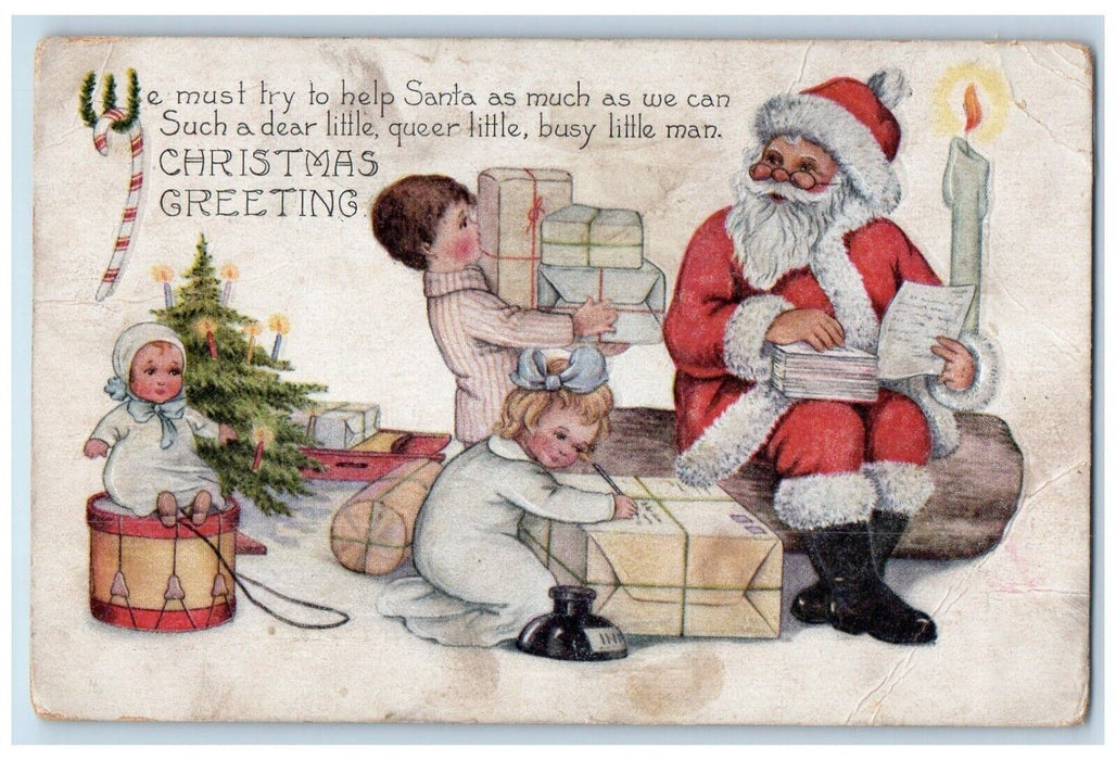 c1920's Christmas Greetings Santa Claus Children Preparing Gifts Candle Postcard