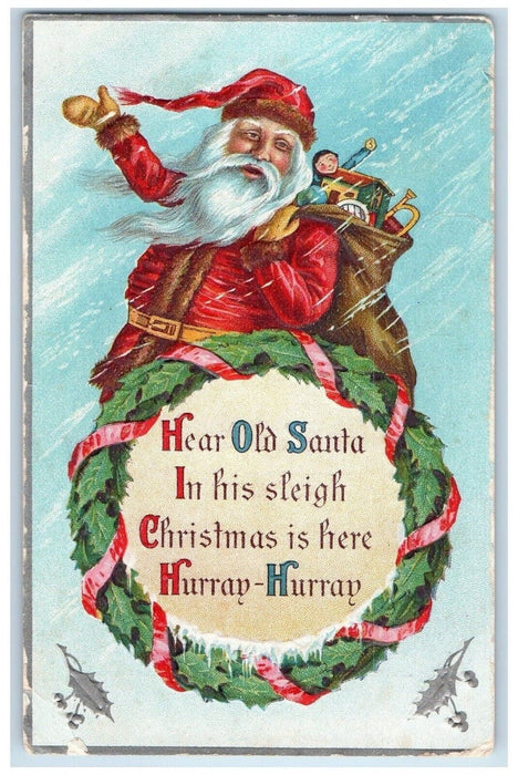 c1910's Christmas Old Santa Claus Sack Of Toys Embossed Antique Postcard