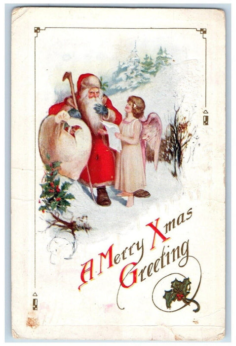 1915 Christmas Greetings Santa Claus Angel Checking List Sack Of Toys Postcard