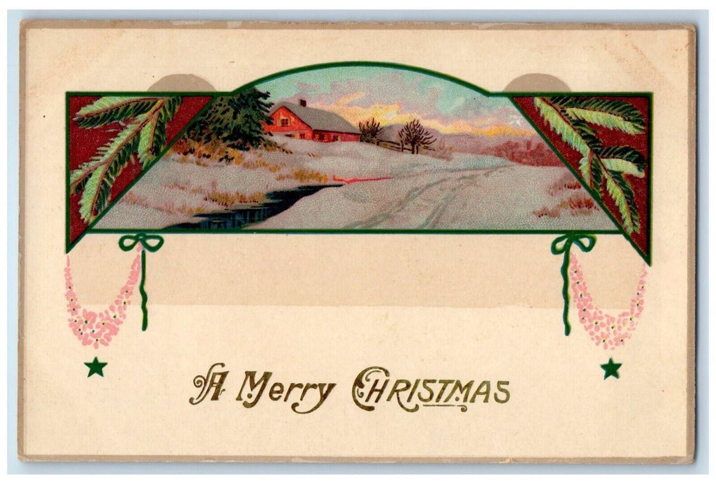 c1910's Christmas Winter Snow House Pine Gel Unposted Antique Postcard
