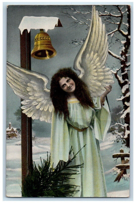 1912 Christmas Angel Curly Hair Bell Winter Snow Posted Antique Postcard