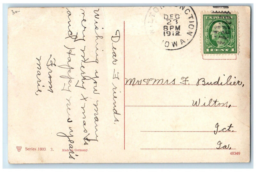 1912 Christmas Angel Curly Hair Bell Winter Snow Posted Antique Postcard