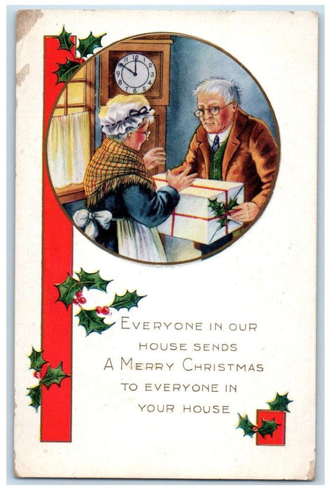 1911 Christmas Grandma Grandpa Gift Present Box Holly Clock Antique Postcard