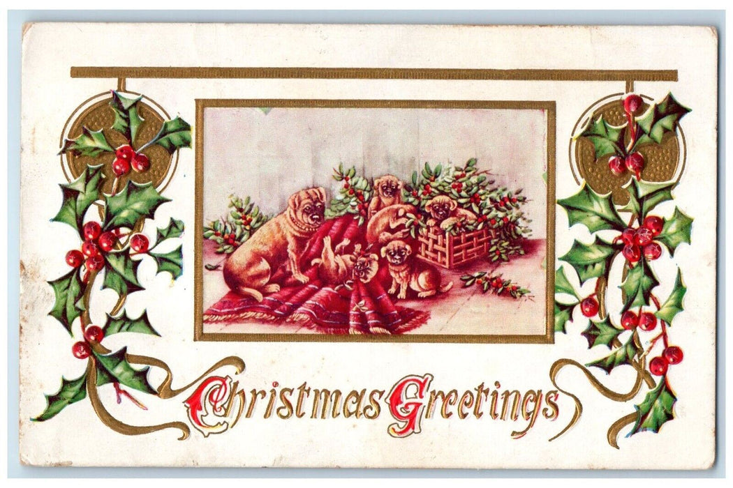 1912 Christmas Greetings Bulldog Carpet Holly Berries Embossed Mason MI Postcard