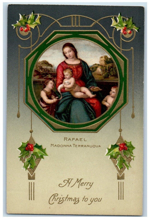 c1910's Christmas Rafael Madonna Terranuova Religious Holly Winsch Back Postcard