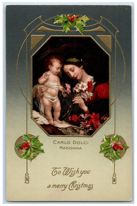c1910's Christmas Carlo Dolci Madonna Religious Holly Winsch Back Postcard