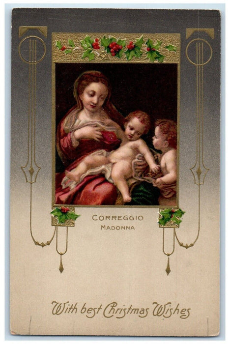 c1910's Christmas Correggio Madonna Religious Holly Winsch Back Antique Postcard