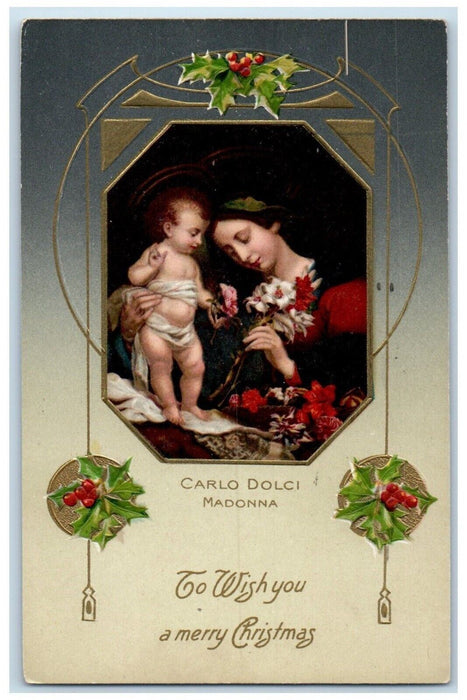 1961 Christmas Carlo Dolci Madonna Religious Holly Winsch Back Embossed Postcard