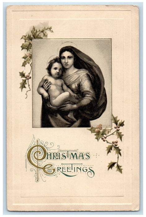 1912 Christmas Greetings Religious Holly Winsch Back Embossed Antique Postcard