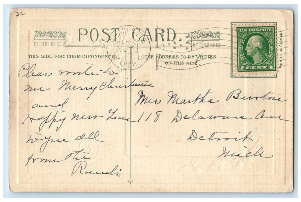 1912 Christmas Greetings Religious Holly Winsch Back Embossed Antique Postcard