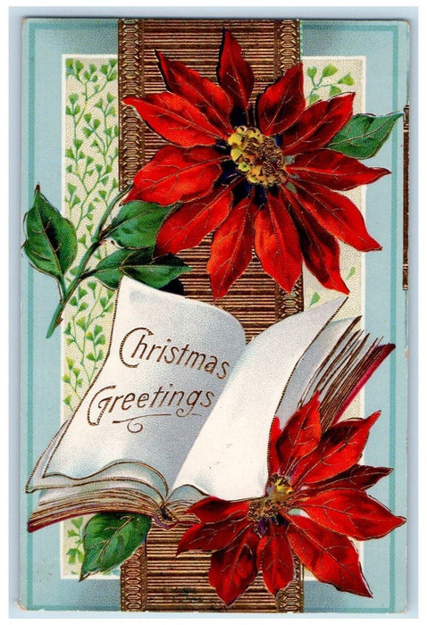 c1910's Christmas Greetings Pointessia Flowers Gel Gold Gilt Embossed Postcard