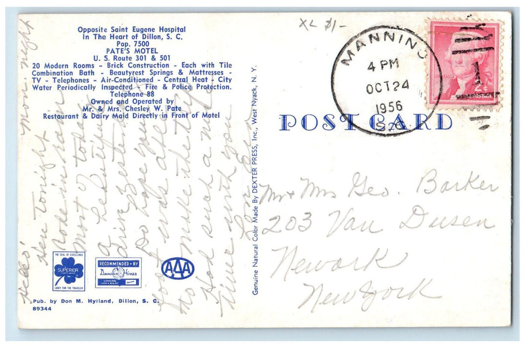 1956 Pate's Motel Opposite Saint Eugene Hospital Dillon SC Vintage Postcard