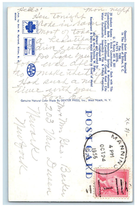 1956 Pate's Motel Opposite Saint Eugene Hospital Dillon SC Vintage Postcard