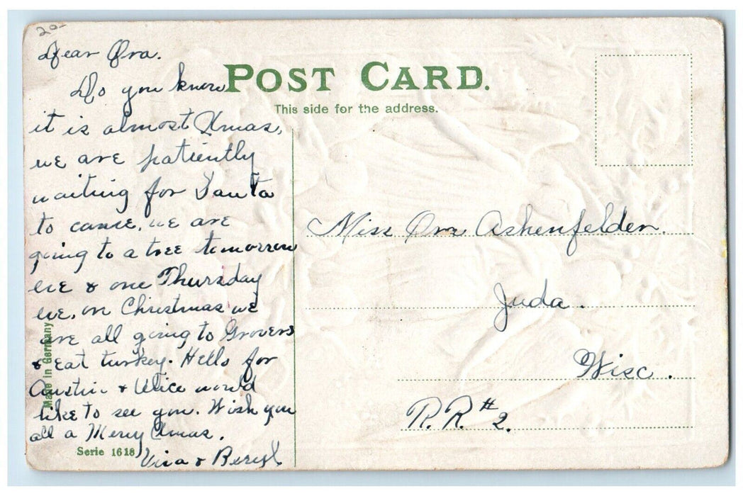 c1910's Christmas Angels Cherubs Floating Holly Embossed Antique Postcard