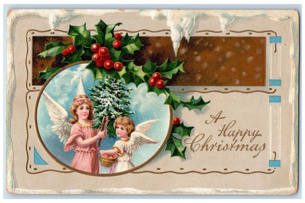 1908 Christmas Angels Christmas Tree Snow Winter Holly Embossed Antique Postcard