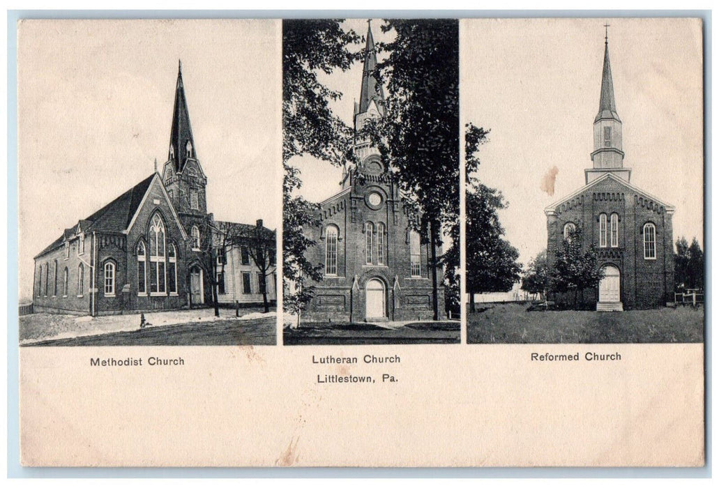 1909 Methodist Lutheran Reformed Churches Littlestown Pennsylvania PA Postcard