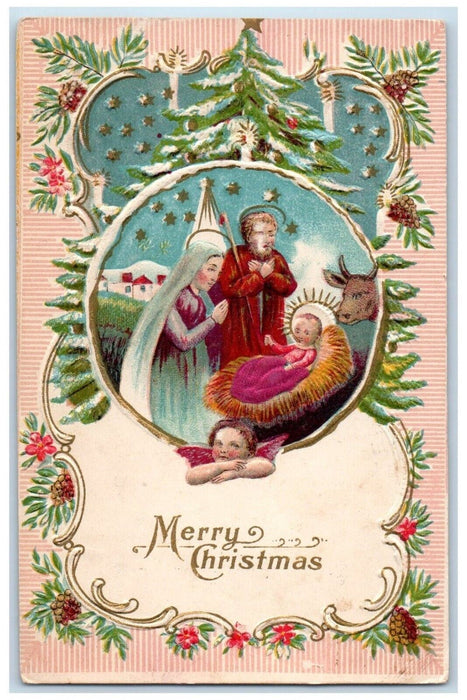 c1910's Christmas Baby Jesus Angel Religious Christmas Tree Winter Silk Postcard