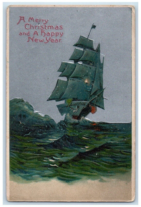 Merry Christmas And Happy New Year Sailboat Ship Sinking Winsch Back Postcard