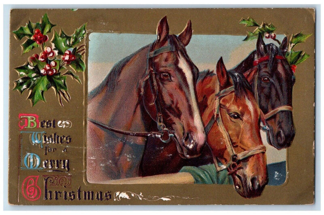 c1910's Christmas Holly Berries Three Horses Head Embossed Antique Postcard