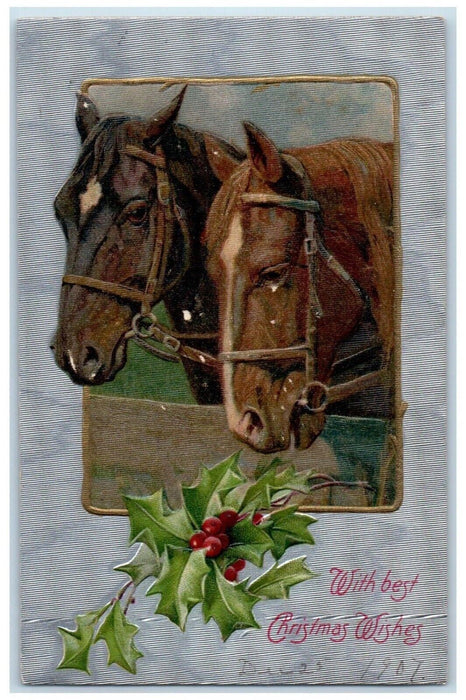 c1910's Christmas Holly Two Horses Head Winsch Back Embossed Antique Postcard