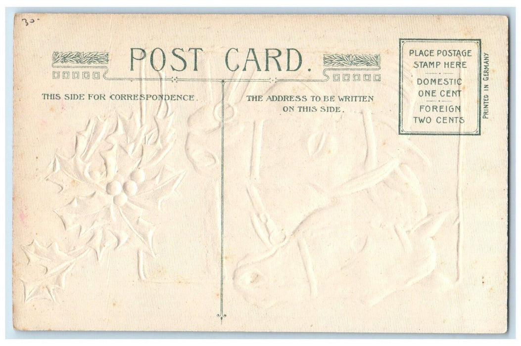 c1910's Christmas Holly Two Horses Head Winsch Back Embossed Antique Postcard