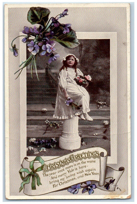 c1910's Christmas Greetings Girl Dress White Pansies Flowers Gel Tuck's Postcard