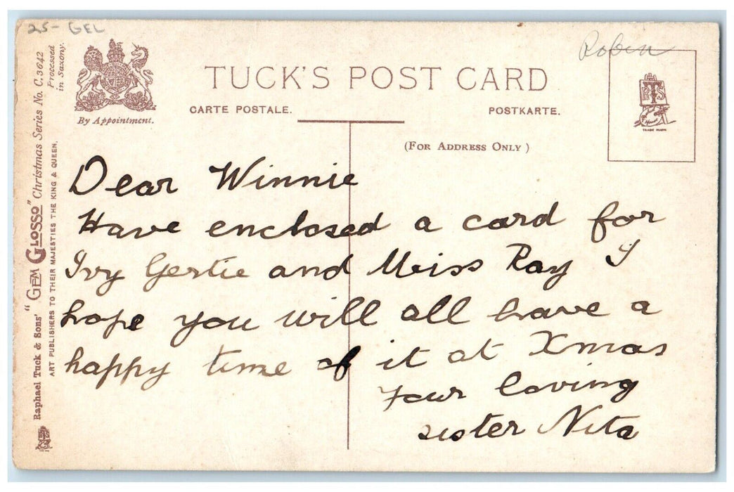 c1910's Christmas Greetings Girl Dress White Pansies Flowers Gel Tuck's Postcard