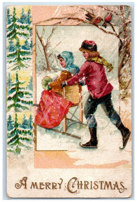 c1910's Christmas Boy And Girl Ice Skating Sledding Embossed Antique Postcard