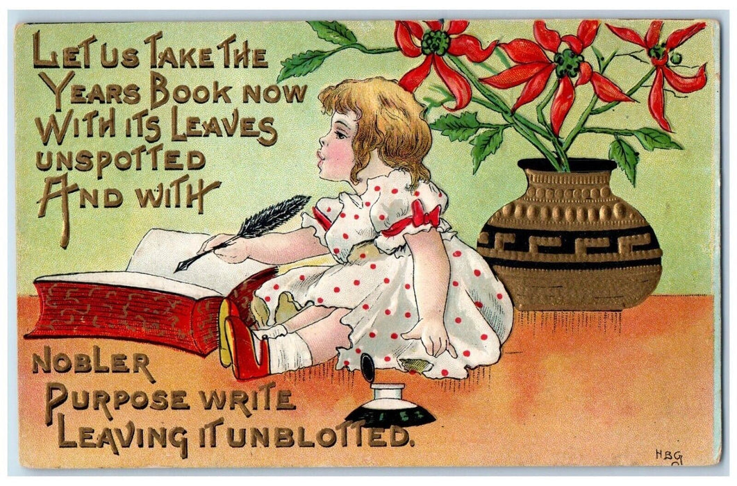 1912 Christmas Girl Writing Pointessia Flowers Embossed Posted Antique Postcard