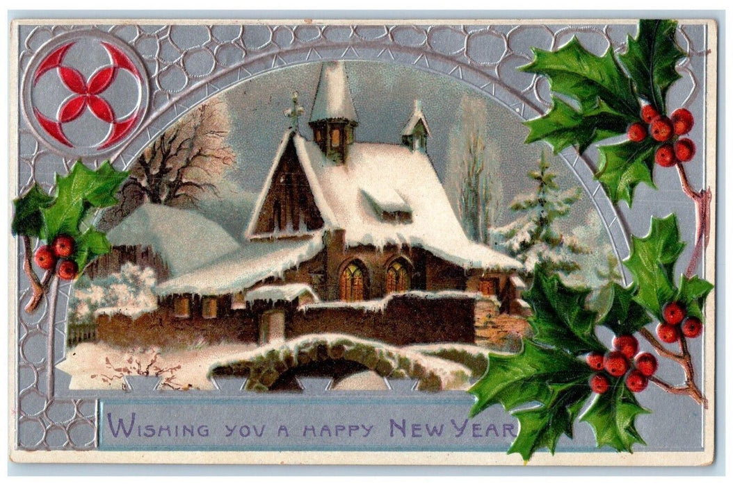 1908 Happy New Year Holly House Winter Snow Embossed Posted Antique Postcard