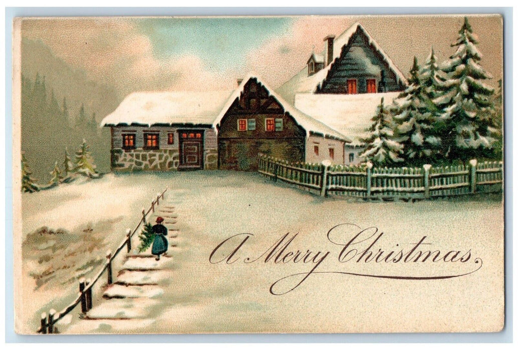 1910 Christmas Pine Tree Covered Winter Snow Warehouse Point CT Antique Postcard