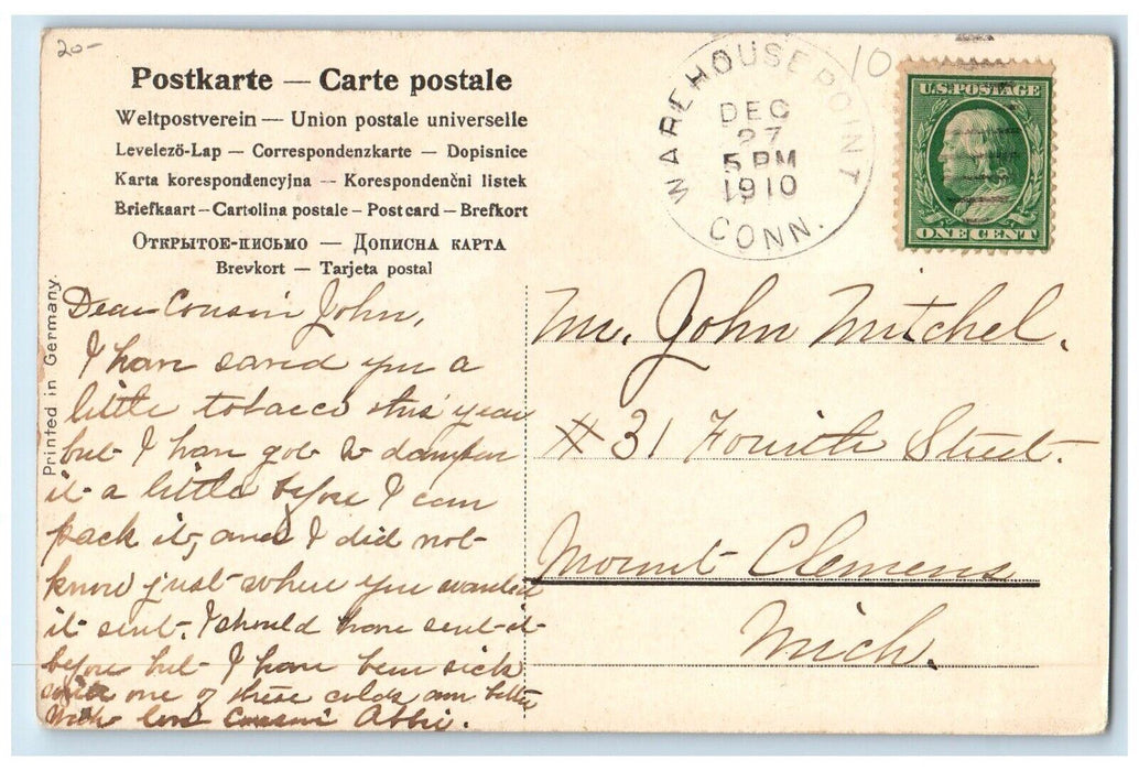 1910 Christmas Pine Tree Covered Winter Snow Warehouse Point CT Antique Postcard