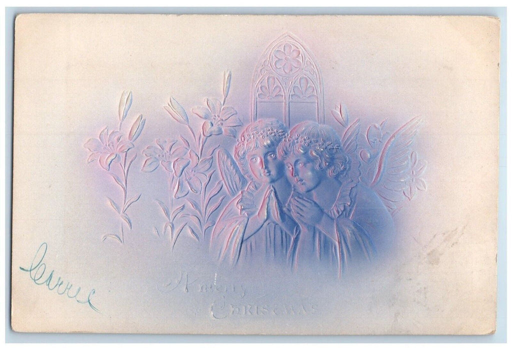 1906 Christmas Lily Flowers Angels Airbrushed Embossed Posted Antique Postcard