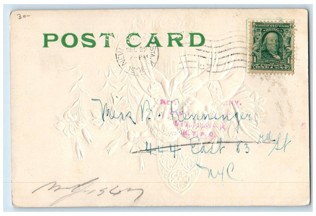1906 Christmas Lily Flowers Angels Airbrushed Embossed Posted Antique Postcard
