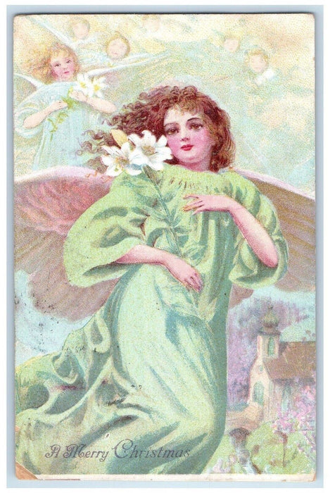 c1905 Christmas Floating Angels White Lily Flowers Posted Antique Postcard