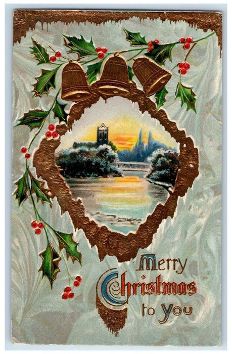 c1910's Christmas Holly Bells Gel Gold Gilt Embossed Unposted Antique Postcard