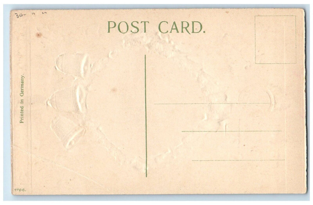 c1910's Christmas Holly Bells Gel Gold Gilt Embossed Unposted Antique Postcard