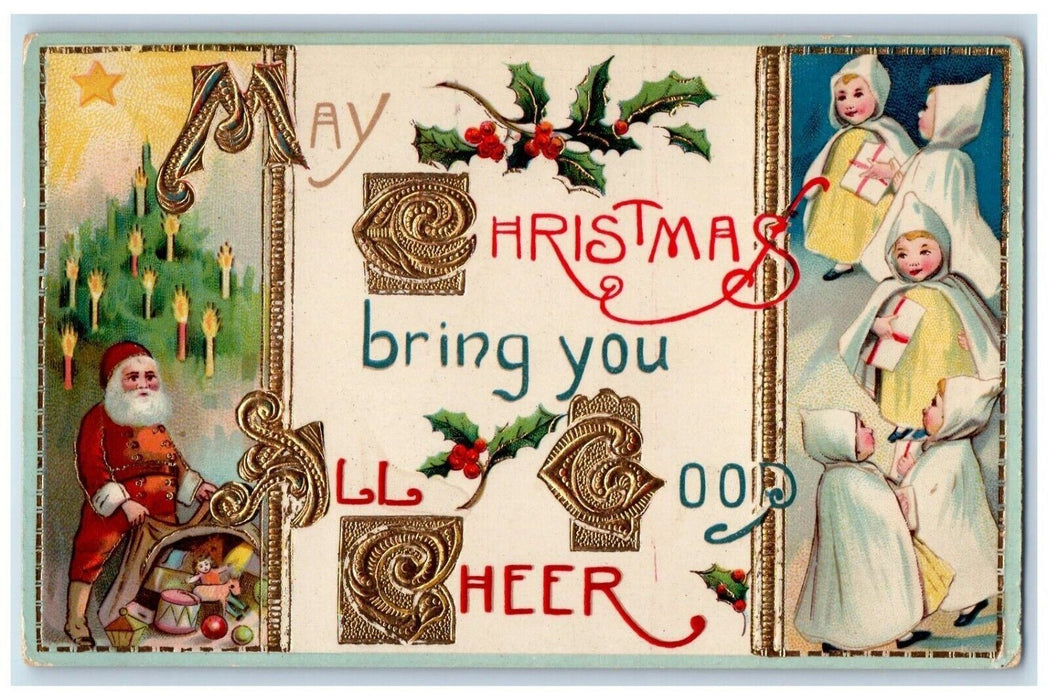 1917 Christmas Santa Claus Sack Of Toys Candles Holly Gel Gold Gilt Postcard