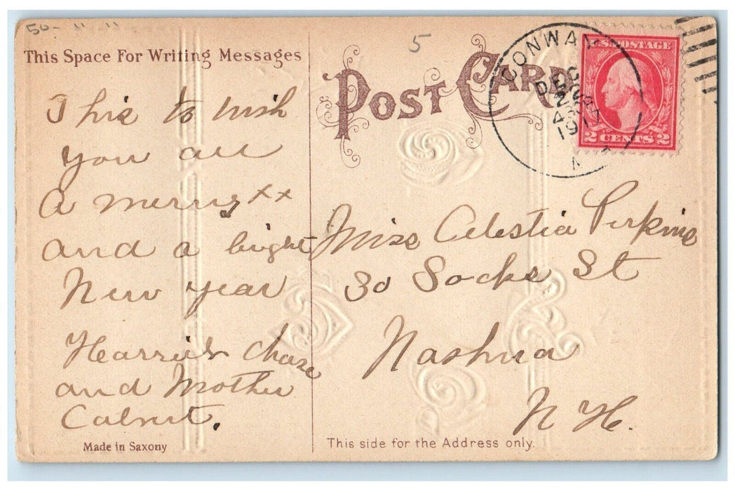 1917 Christmas Santa Claus Sack Of Toys Candles Holly Gel Gold Gilt Postcard