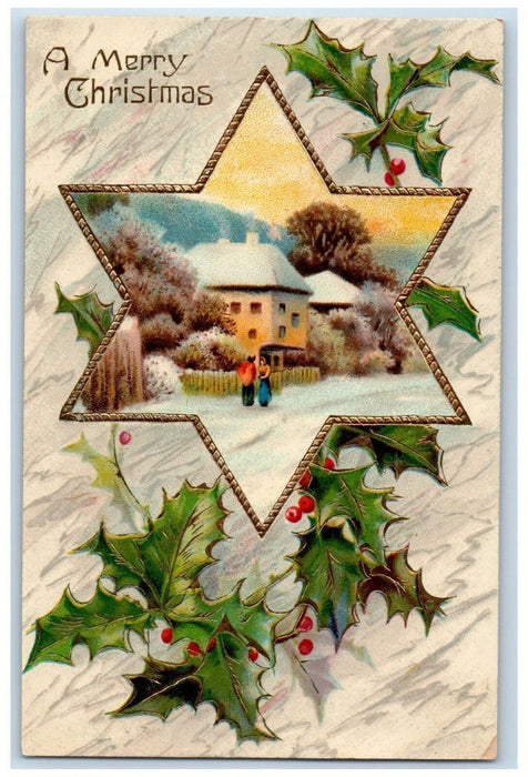 c1910's Christmas Star House Winter Snow Holly Berries Gel Gold Gilt Postcard