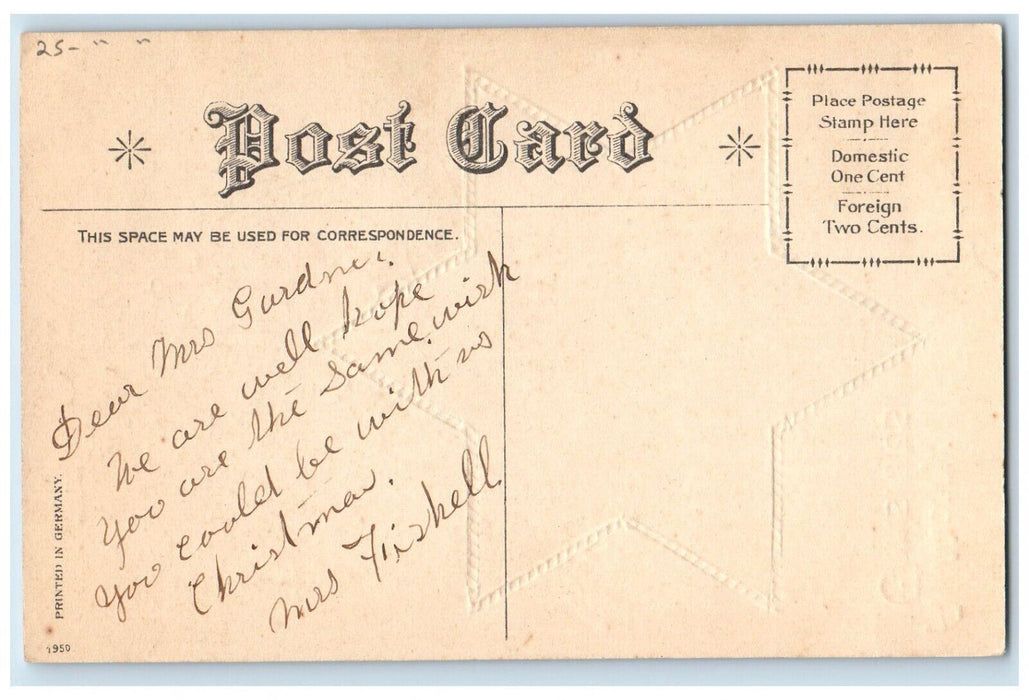 c1910's Christmas Star House Winter Snow Holly Berries Gel Gold Gilt Postcard