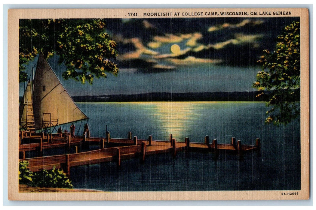 c1940's Moonlight at College Camp Wisconsin On Lake Geneva Vintage Postcard