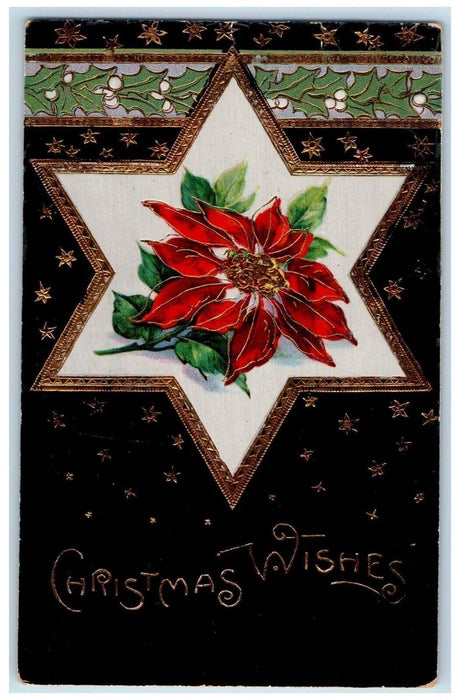 c1910's Christmas Pointessia Flowers Holly Gel Gold Gilt Embossed Postcard