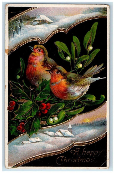 1914 Christmas Birds Holly Berries Winter Snow Gel Gold Gilt Embossed Postcard