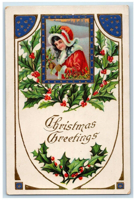 c1910's Christmas Santa Girl Holly Berries Gel Gold Gilt Embossed Postcard