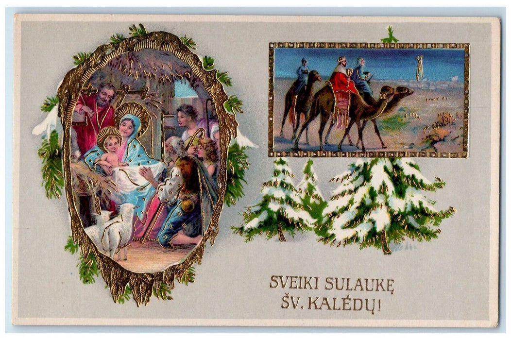 Christmas Jesus Sheep Religious Riding Camel Gel Gold Gilt Embossed Postcard