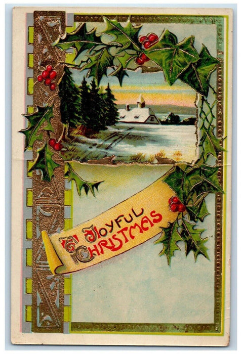 1914 Christmas Holly Berries Winter Snow Gel Gold Gilt Embossed Antique Postcard