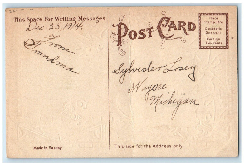 1914 Christmas Holly Berries Winter Snow Gel Gold Gilt Embossed Antique Postcard