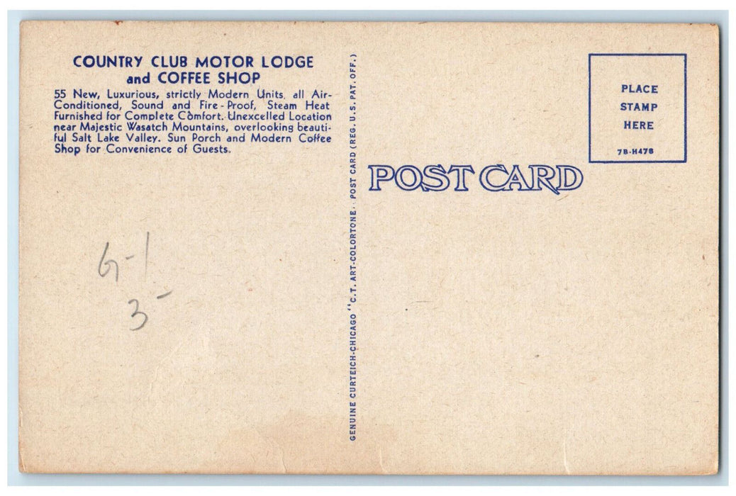 c1950's Motor Country Club Lodge and Coffee Shop Salt Lake City UT Postcard