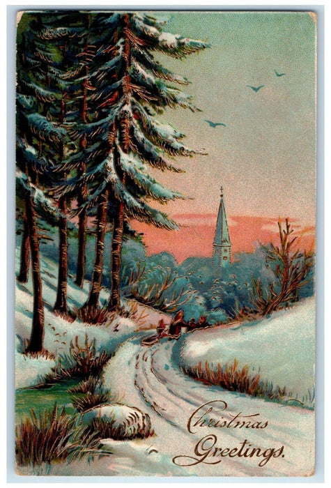c1910's Christmas Greetings Pine Tree Winter Gel Gold Gilt Embossed Postcard